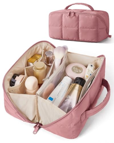 BAGSMART Structured Travel Makeup Bag, Wide Open Toiletry Organizer | 9.84 * 5.12 * 5.12" opens flat to 10.24"W, water-repellent,leak-proof PVC & brush slots, fits full-size makeup, TSA-friendly - color: Dark Pink