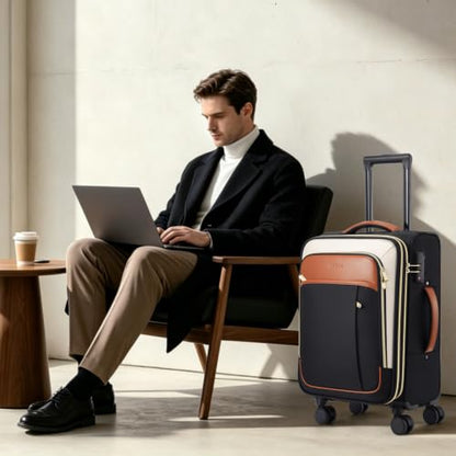 Softside Expandable Carry On Luggage, 20in Carry on Suitcase with Wheels - color: Black/White/Brown