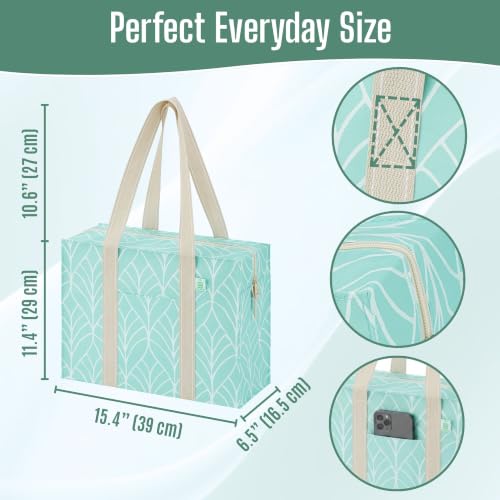VENO 2 Pack Utility Tote Reusable Grocery Bags with Zipper & Hard Bottom - color: Evergreen, size: 2 Pack