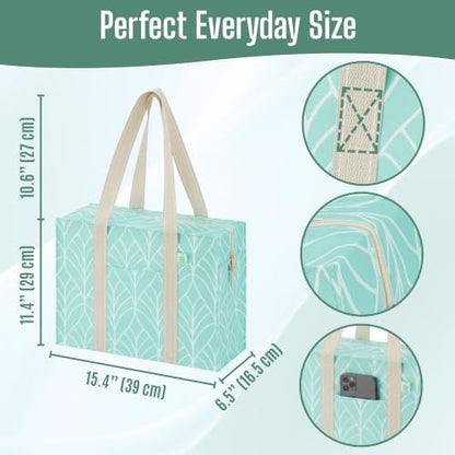 VENO 4 Pack Utility Tote Reusable Grocery Bags with Zipper & Hard Bottom - color: Evergreen, size: 4 Pack