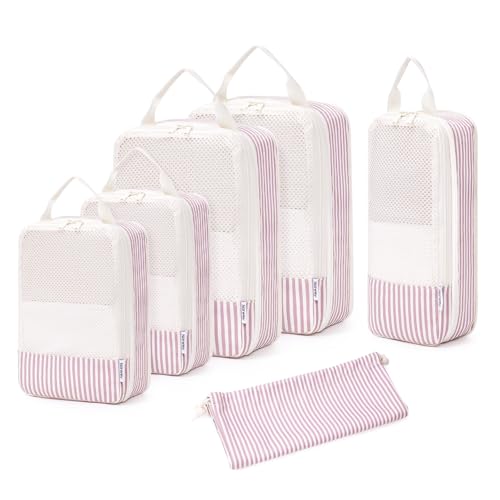 Narwey Compression Packing Cubes for Travel, Cute Luggage Organizer Bags - color: ZY-Dusty Pink Stripe