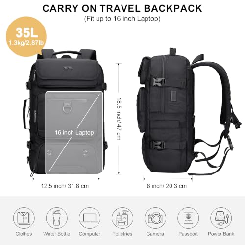 PIJUSHI Carry On Travel Backpack 35L Laptop Backpack Fits 16 inch Laptop - color: Black