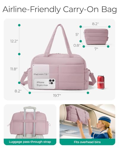 BAGSMART Gym Bag for Women, Lightweight Puffer Duffle Bag 2-PC Travel Bag, 31L Weekender Overnight Bag Quilted Carry On Tote Bag, Diaper Hospital Dance Bag for Travel, Gym, Water Resistant - color: Misty Purple