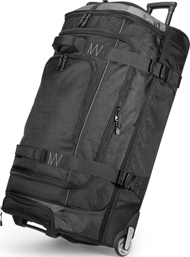 Amazon Basics 30-Inch Large Rolling Duffel Bag with Wheels and Handle, Durable Ripstop Polyester, 2 Layers of Space, Multiple Interior and Exterior Pockets, Black - color: Black, size: 30"