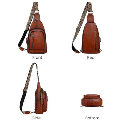 HESHE Leather Sling Bag for Women RFID Crossbody Purse Fanny Pack Chest Bag - color: Brown