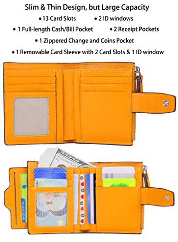 Women's RFID Blocking Leather Small Compact Bi-fold Zipper Pocket Wallet Card Case Purse with id Window - color: Lichee Yellow