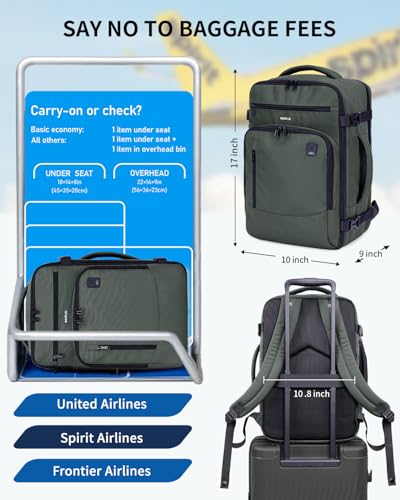 ECOHUB Travel Backpack Airline Approved Under Seat Personal Item Bag - color: Green-2, size: 17 inch underseat