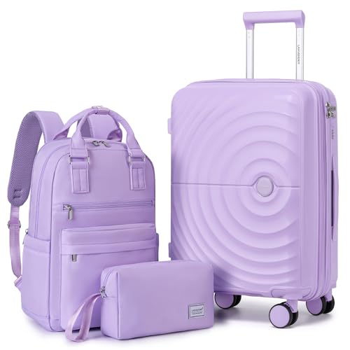 LARVENDER Expandable Carry On 3 Piece Luggage Set with Backpack 20 Inch - color: Lavender, style: 3 Piece Sets