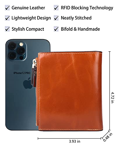 Women's RFID Blocking Leather Small Compact Bi-fold Zipper Pocket Wallet Card Case Purse with id Window - color: Waxed Camel