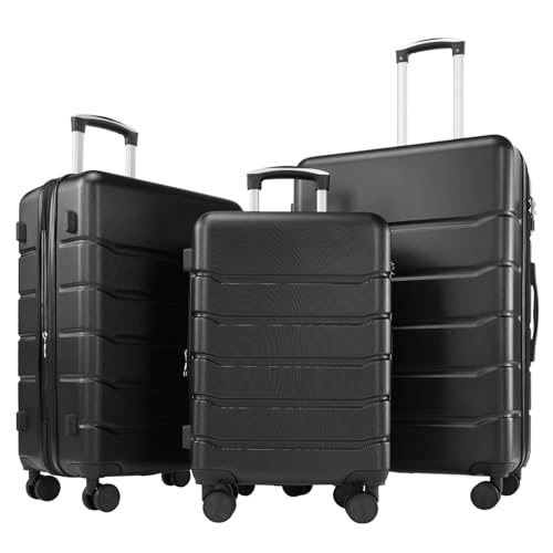Sweetcrispy 3 Piece Luggage Set, Expandable Suitcase with Spinner Wheels - color: Black, size: 3-Piece Set (20/24/28 Inch)