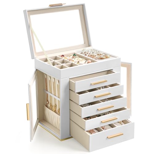 Homeanda Jewelry Boxes with Glass Lid, 6-Layer Large PU Leather, White - color: White, size: 6 Layer