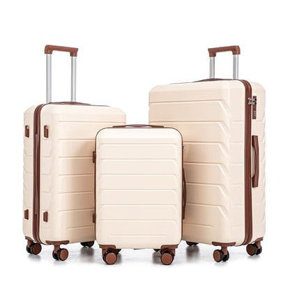 Luggages Sets 3pcs ABS Hardside Luggage Sets Spinner Wheels Suitcase with Lock - color: White brown