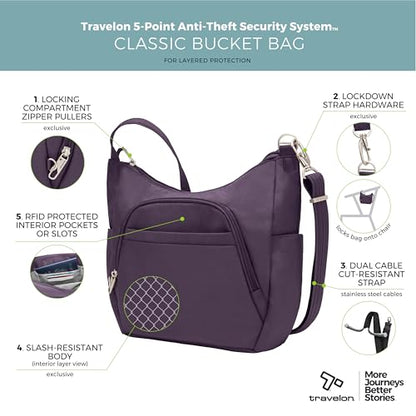 Travelon Anti-theft Classic Crossbody Bucket Bag - color: Purple