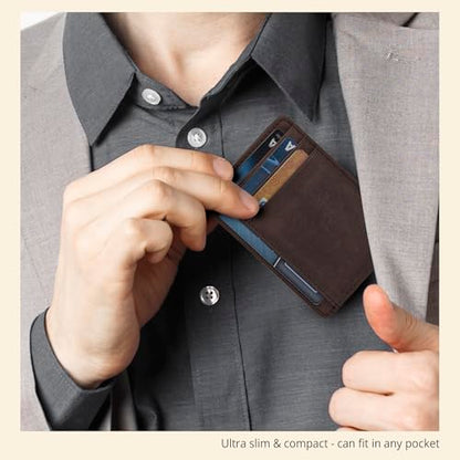 Slim Leather Wallet for Men and Women - RFID Blocking Card Holder Compact - color: Dark Brown