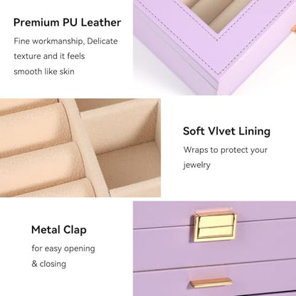 Voova 3-Layer PU Leather Jewelry Box with Glass Lid, Lavender - color: Lavender three-layer, size: 3 Layer
