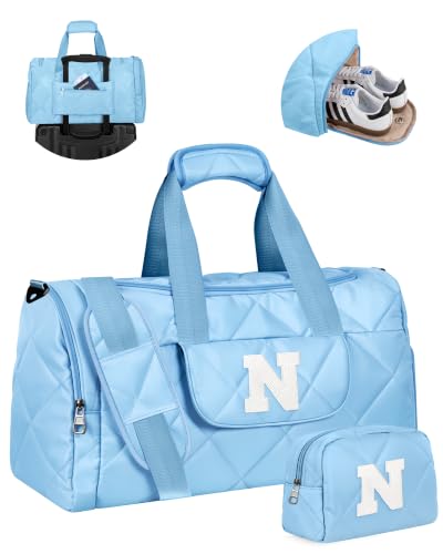 Elilier Gifts for Teenage Girls, Personalized Weekender Bag, Letter N | Dance Bag Duffle Bag with Shoe Compartment & Makeup Bag, Trendy Gift for Daughter Granddaughter, 13-15, 16-19 Year Old Girls - color: Blue, style: N