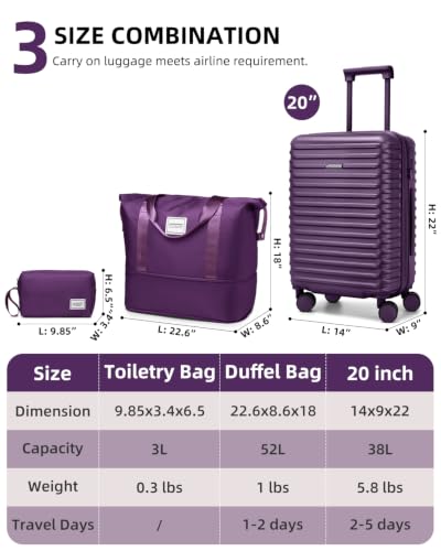 LARVENDER Expandable Carry on Luggage Suitcase with Wheels, Royal Purple - color: Royal Purple, size: 3 Piece Set (20/DB/TB)
