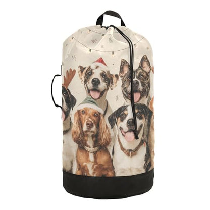 Christmas Dogs Beige Laundry Backpack Bag with Adjustable Shoulder Straps Handle Dirty Laundry Hamper Bag for Traveling Camp College Dorm Heavy Duty Waterproof Large Capacity - color: Christmas Dogs Beige