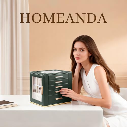 Homeanda Jewelry Boxes with Glass Lid, 5-Layer Large PU Leather, Green - color: Green, size: 5 Layer