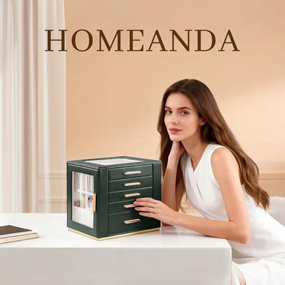 Homeanda Jewelry Boxes with Glass Lid, 5-Layer Large PU Leather, Green - color: Green, size: 5 Layer