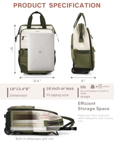 Rolling Puffer Backpack for Women, Travel Backpack with Wheels, 16 Inch Wheeled Laptop Backpack, Dual-Opening Design Overnight College Underseat Carry on Luggage, Roller Business Work Bag, Green - color: Green