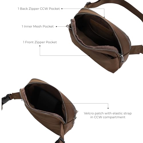 Jessie & James Crossbody Nylon Waist Pack with Adjustable Buckle Strap Fashion Multi Pocket Belt Bag| Brown - color: Brown