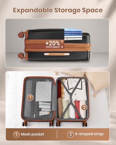 Kono 24 Inch Expandable Checked Luggage with Spinner Wheels TSA Lock - color: Black&Brown, size: 24"
