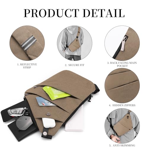 Anti Theft Crossbody Travel Bag - Multi-pocket Shoulder Bag with Adjustable Strap,Slim Sling Bag for Women Men - color: Khaki-left Shoulder