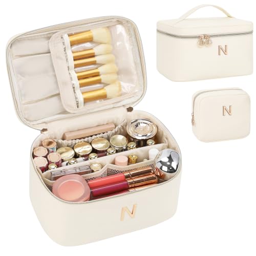 Custom Cosmetic Bag for Women Vacation Weekend Trips & Everyday Use Beige N | Initial Large Travel Cosmetic Case for Women with Metal Letter Design, Spacious Toiletry Organizer with Divider & Handle - size: N
