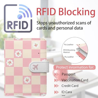 Passport Holder, Cute Travel Wallet Cover with RFID Blocking,Sweet | PU leather travel wallet with magnetic closure, card slots, pen loop, and easy access for passports and essentials. - color: M-Sweet