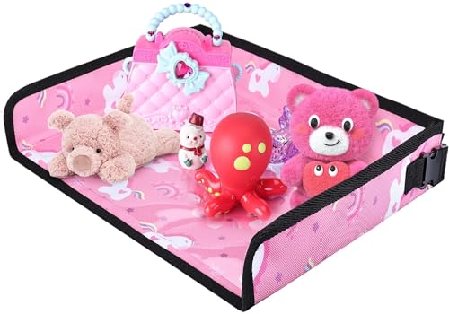 Kids Travel Tray Table Cover with Pockets – Airplane Essentials for Toddlers, Portable Activity Organizer for Plane, Train Car & Highchair, Machine Washable (Pink)