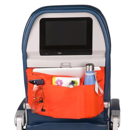 Airplane Tray Organizer/Tote with 4 Storage Pockets, Back Seat Airplane Tray Cover, Converts into a Drawstring Tote, Washable, Durable & Lightweight (2.8 oz) Airplane Travel Essentials - color: Fire Orange