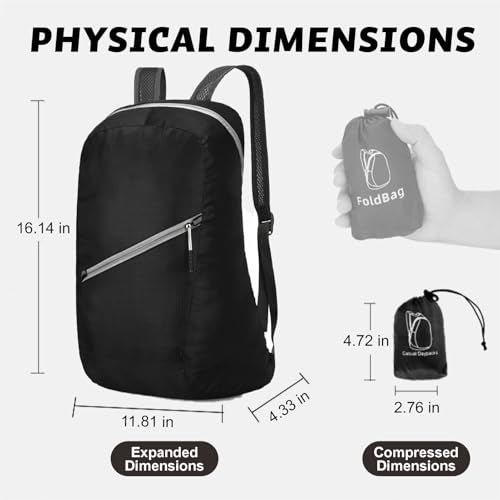 Ultra-light Foldable Backpack 80g – Packable into Palm Size, Hiking & Outdoor Sports, Water-Resistant Nylon (Black)