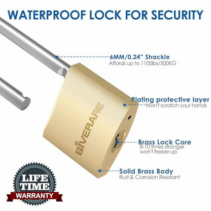 2 Pack Keyed Locks with Keys, Extra Long 2-11/16" Shackle Solid Brass Copper Padlock, Small Travel Waterproof Lock with 38MM Wide Body for Warehouse, Tool Box, Hasp, Gym, Locker, Sheds-Golden - size: 2 Pack 38mm Long