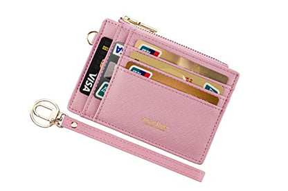 Wikavanli Women Slim Rfid Blocking Credit Card Case Holder Wristlet Zip ID Case Wallet Small Compact Leather Wallet Coin Purse with Keychain (Pink) - color: Pink