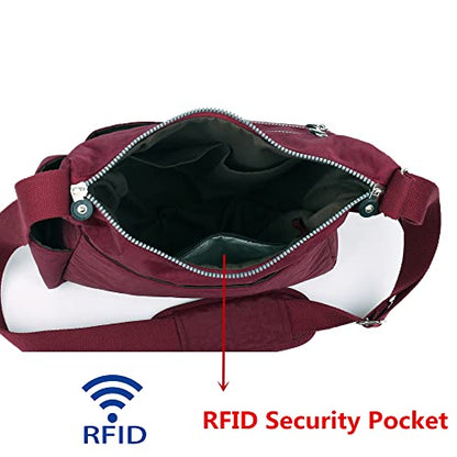 MHCNLL Women's Nylon Crossbody Purse, Anti-Theft RFID Lightweight - color: Red Wine