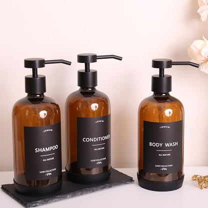 Shampoo and Conditioner Dispenser Set of 3 - color: Amber Bottles + Black Pumps