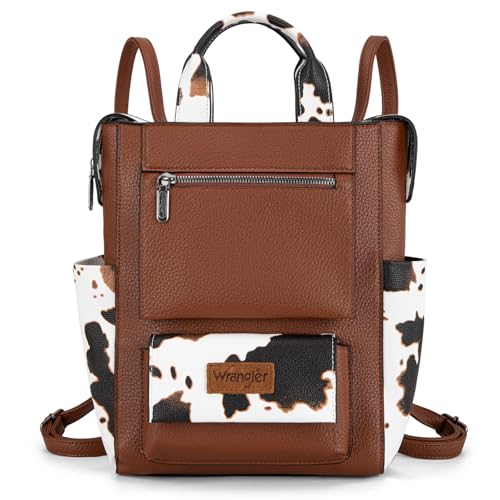 Montana West Wrangler Cow Print Backpack Purse for Women Vegan Leather Ladies Convertible Backpack Stylish Anti Theft Backpack with Adjustable Strap - color: A Classic Brown-cow Print