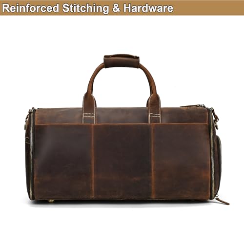 Full Grain Genuine Leather 2-in-1 Garment Dufflel Bag for Men Foldable Suit Carrier with Independent Shoe Compartment, Large Capacity Weekender Overnight Travel Bag for Business Trips, Coffee - color: Y2201FMY - Coffee
