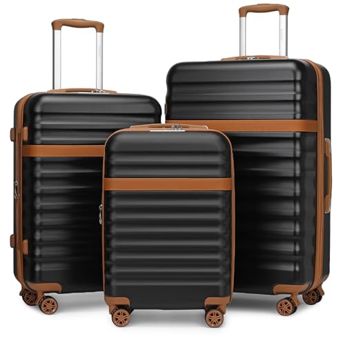 Kono 3-Piece Luggage Set 20/24/28in Expandable Hardside TSA Lock Black - color: Black/Brown, size: 3-piece set (20/24/28)