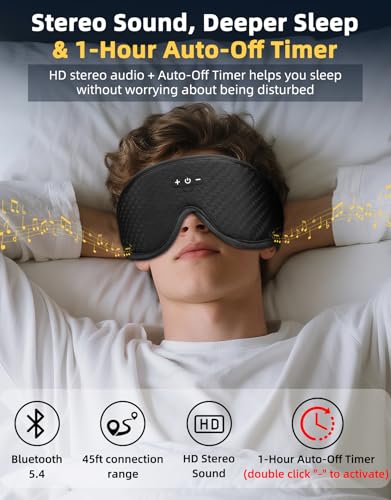3D Contoured Adjustable Sleep Mask with Bluetooth Headphones, Blackout Sleeping Mask with 1-Hour Timer Sleeping Headphones with Thin Stereo Speakers for Men, Women