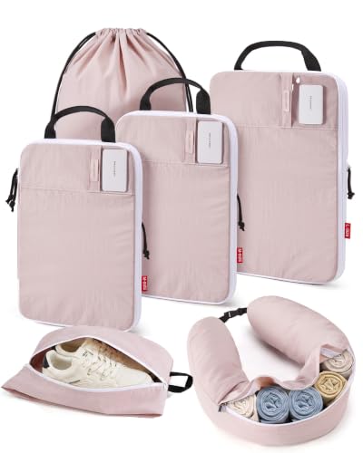 BAGSMART Compression Packing Cubes with Fillable Neck Pillow for Clothes - color: Pink
