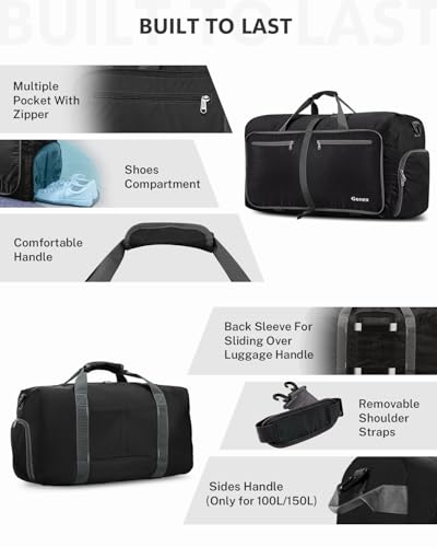 Gonex 150L Foldable Travel Duffle Bag with Shoe Compartment, Lightweight - color: Black, size: 150L