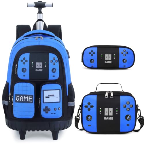 3PCS Gamer Boys Rolling Backpack with Lunch Box & Pencil Pouch (Blue Black) - color: Blue