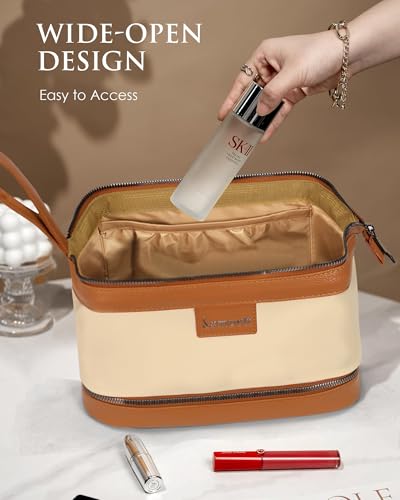 Travel Makeup Bag with Wet/Dry Compartments, Cream Yellow - color: Cream, size: Double layer