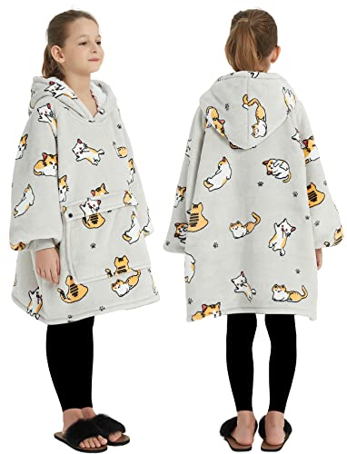 KFUBUO Wearable Blanket Hoodie for Kids With Pocket, 6-10 Year Old, Cat - color: Cat, size: Kids 6-10YR