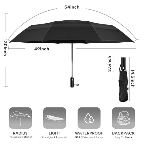Rainbow Umbrella Windproof Automatic - 46/54inch Extra Large Double Canopy - color: 04.Black 54Inch