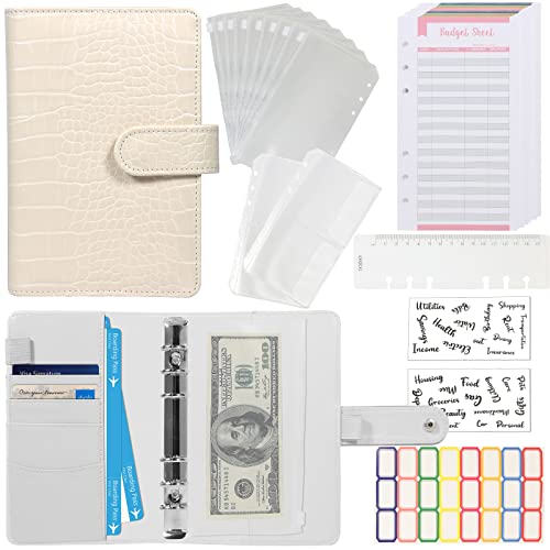 Budget Binder with Zipper Envelopes - Crocodile Pattern Leather Money Organizer, Cash Saving Book Budgeting Planner, cash stuffing folder envelope system, A6 Bill Binders with Pockets, Beige - color: Crocodile - Beige, size: A6 Kit