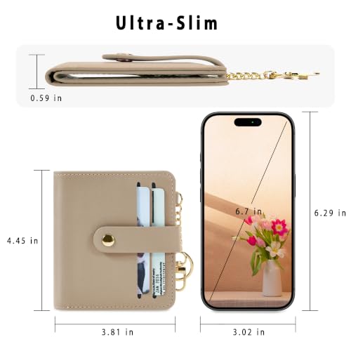 Airkit Small Wallet Women RFID, PU Leather Card Holder with Keychain - color: Khaki