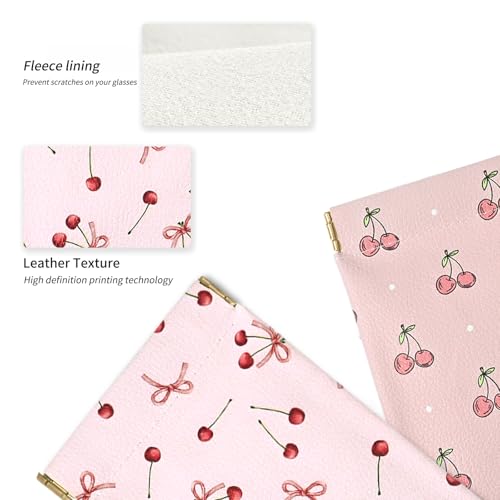 Soft Glasses Case, 2 Pcs Portable PU Leather Squeeze Top Eyeglasses Cases, Cute Sunglasses Pouch Bag for Women - color: 2pcs Red Bow+ Pink Cherry
